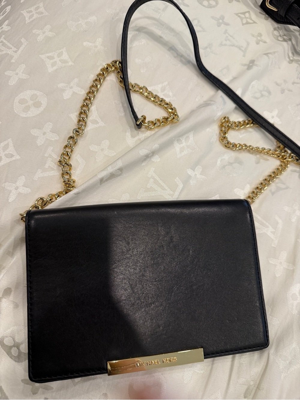 Michael Kors Black Leather Clutch with Gold Chain